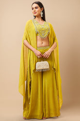 Antique Gold Yellow Crush Chinon Cape Sleeve Handwork Crop Top Palazzo Set
